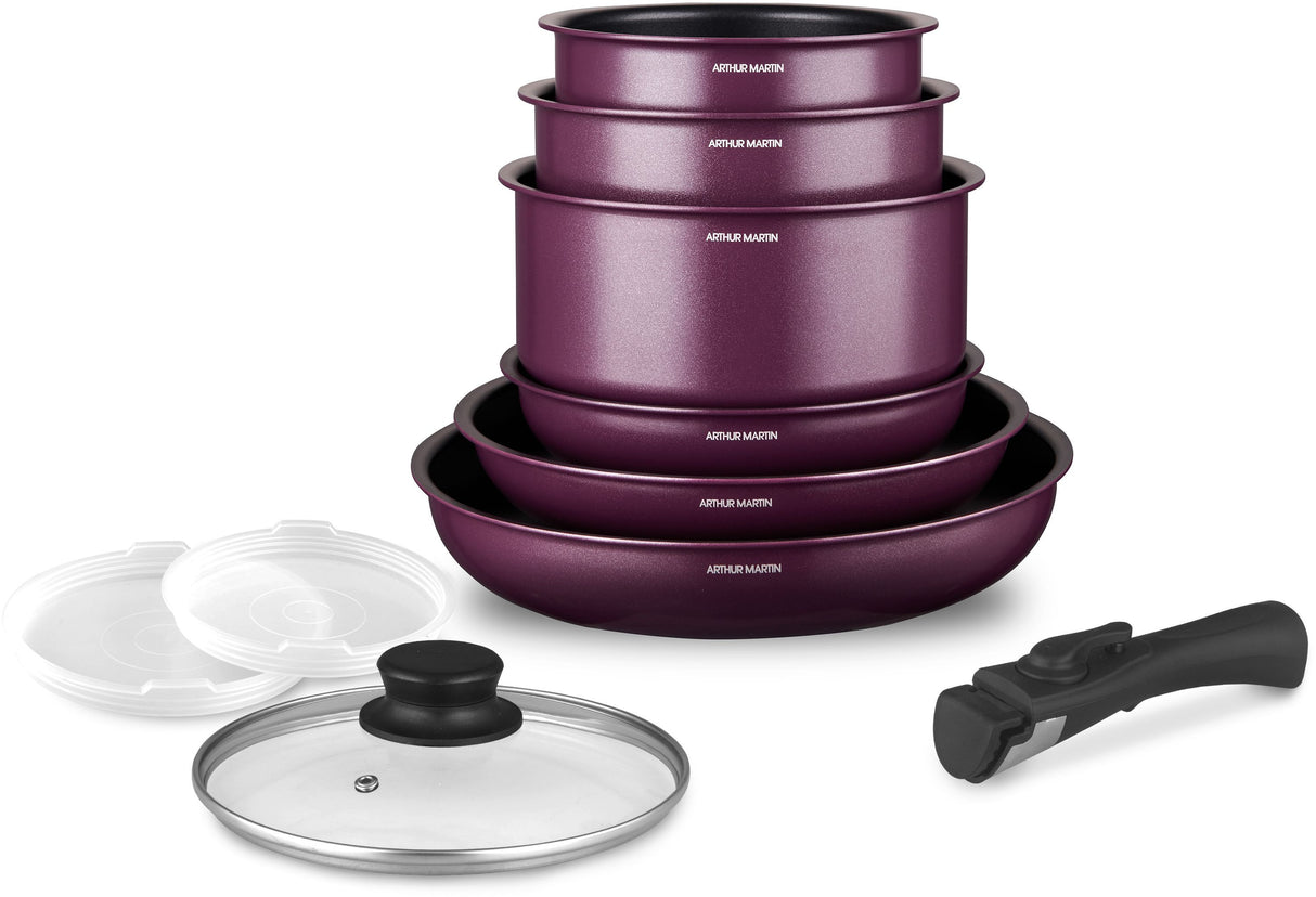 Batterie de cuisine - Tous feux dont induction - ARTHUR MARTIN - AM2991 - Aluminium revetement anti-adhésif - 10 pieces - Prune