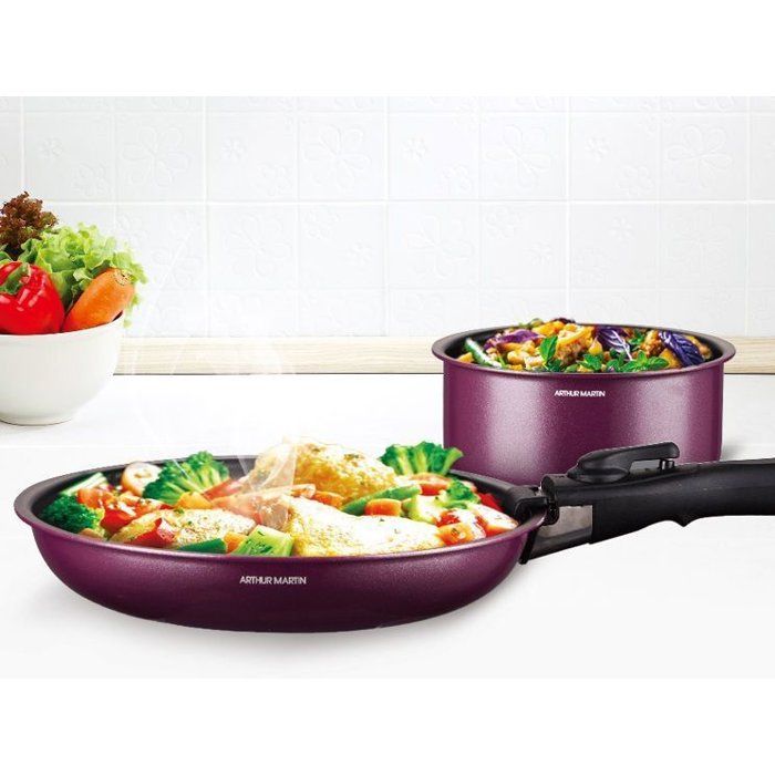 Batterie de cuisine - Tous feux dont induction - ARTHUR MARTIN - AM2991 - Aluminium revetement anti-adhésif - 10 pieces - Prune