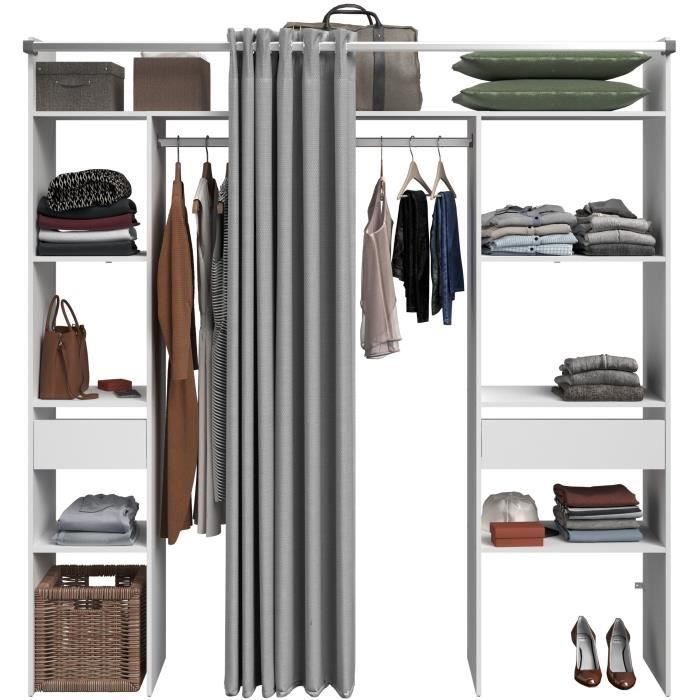 Dressing double ARTIC - L 198 x P 40 x H 203 cm - Blanc + rideau Made in France