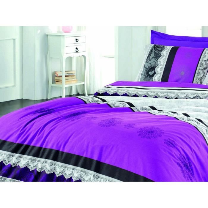 Parure de lit - 1 housse de couette 220 x 240 cm + 2 taies d'oreiller 60 x 60 cm - 100% coton renforcé - Lilas