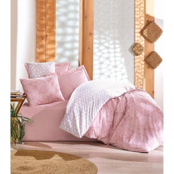 Parure de lit - 1 housse de couette 220 x 240 cm + 2 taies d'oreiller 60 x 60 cm - 100% coton renforcé - Rose
