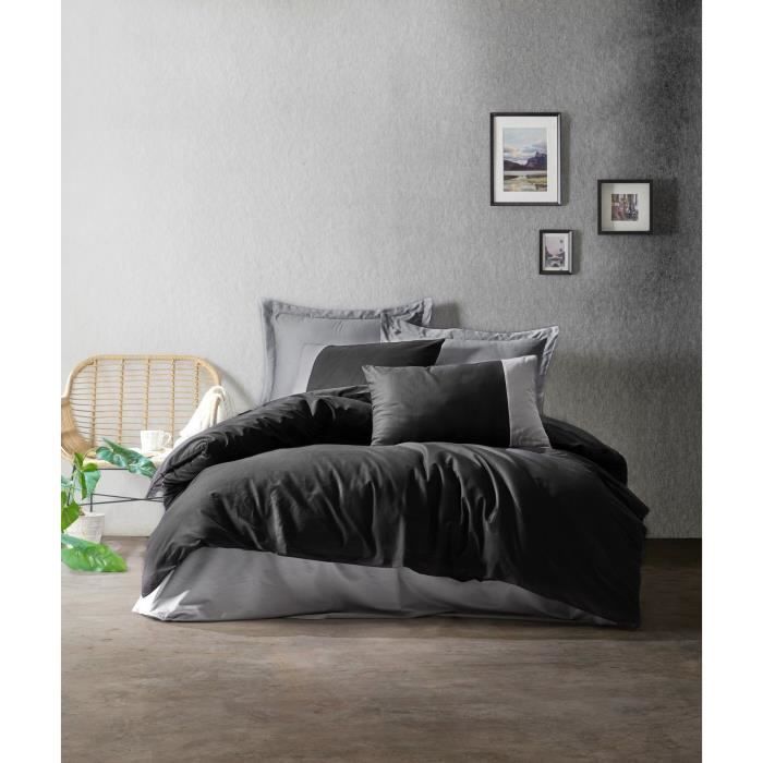 Parure de lit - 1 housse de couette 220 x 240 cm + 2 taies d'oreiller 60 x 60 cm - 100% coton renforcé - Noir