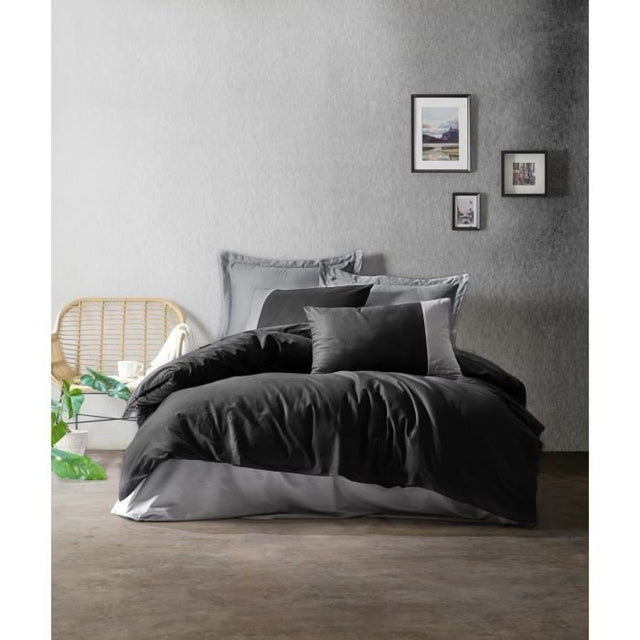 Parure de lit - 1 housse de couette 220 x 240 cm + 2 taies d'oreiller 60 x 60 cm - 100% coton renforcé - Noir