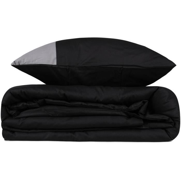 Parure de lit - 1 housse de couette 220 x 240 cm + 2 taies d'oreiller 60 x 60 cm - 100% coton renforcé - Noir