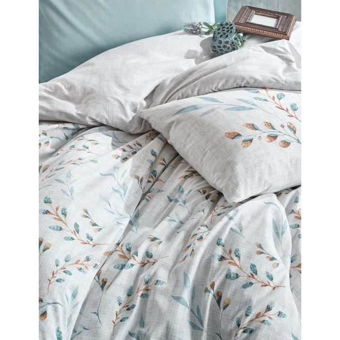 Parure de lit - 1 housse de couette 220 x 240 cm + 2 taies d'oreiller 60 x 60 cm - 100% coton renforcé - Menthe