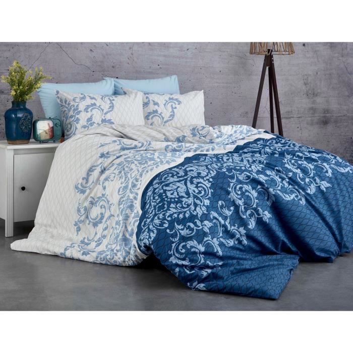 Parure de lit - 1 housse de couette 220 x 240 cm + 2 taies d'oreiller 60 x 60 cm - 100% coton renforcé - Bleu