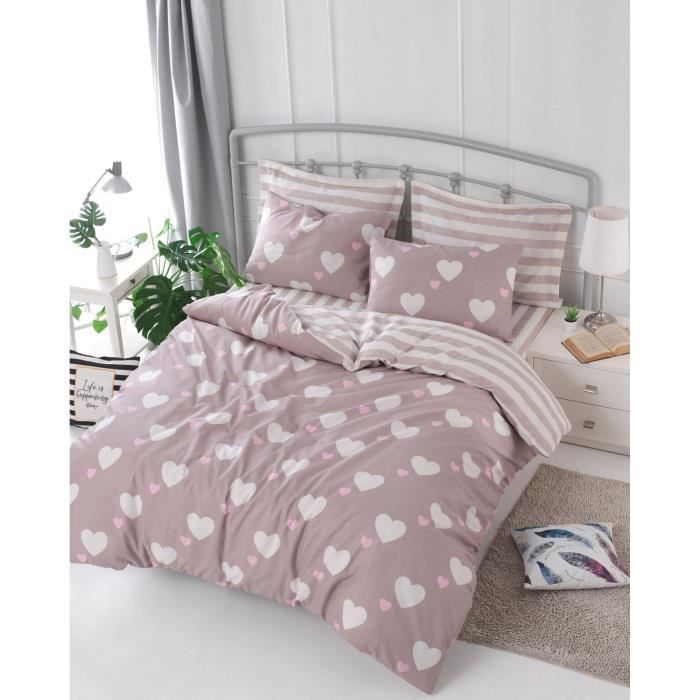 Parure de lit - 1 housse de couette 220 x 240 cm + 2 taies d'oreiller 60 x 60 cm - 65% coton, 35% polyester - Rose
