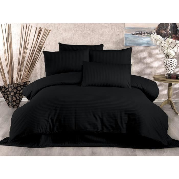 Parure de lit - 1 housse de couette 220 x 240 cm + 2 taies d'oreiller 60 x 60 cm - 80% coton, 20% polyester - Noir