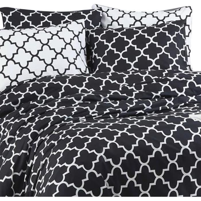 Parure de lit - 1 housse de couette 220 x 240 cm + 2 taies d'oreiller 60 x 60 cm - 100% coton renforcé - Noir