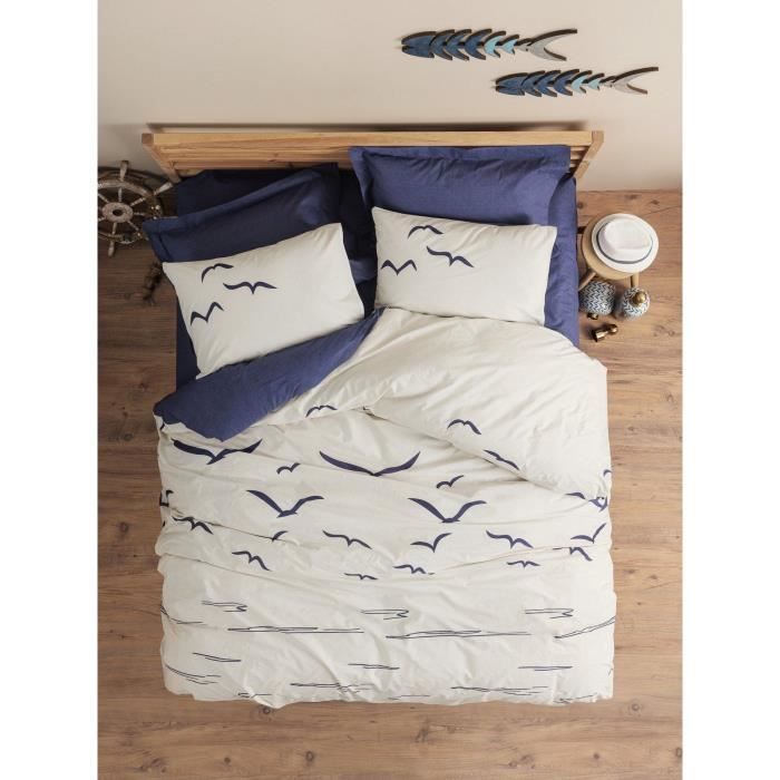 Parure de lit - 1 housse de couette 220 x 240 cm + 2 taies d'oreiller 60 x 60 cm - 100% coton renforcé - Bleu