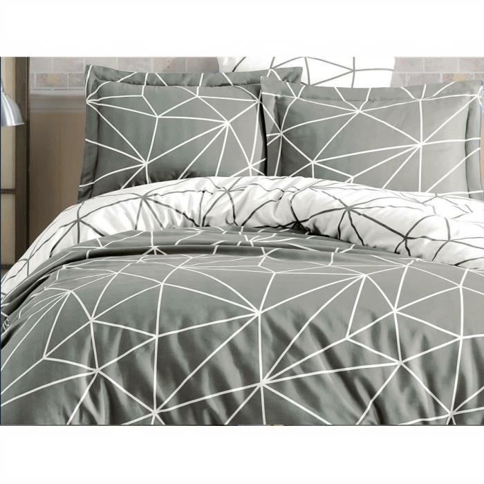 Parure de lit - 1 housse de couette 220 x 240 cm + 2 taies d'oreiller 60 x 60 cm - 100% coton renforcé - Gris