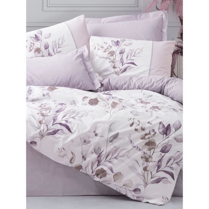 Parure de lit - 1 housse de couette 220 x 240 cm + 2 taies d'oreiller 60 x 60 cm - 100% coton renforcé - Lilas
