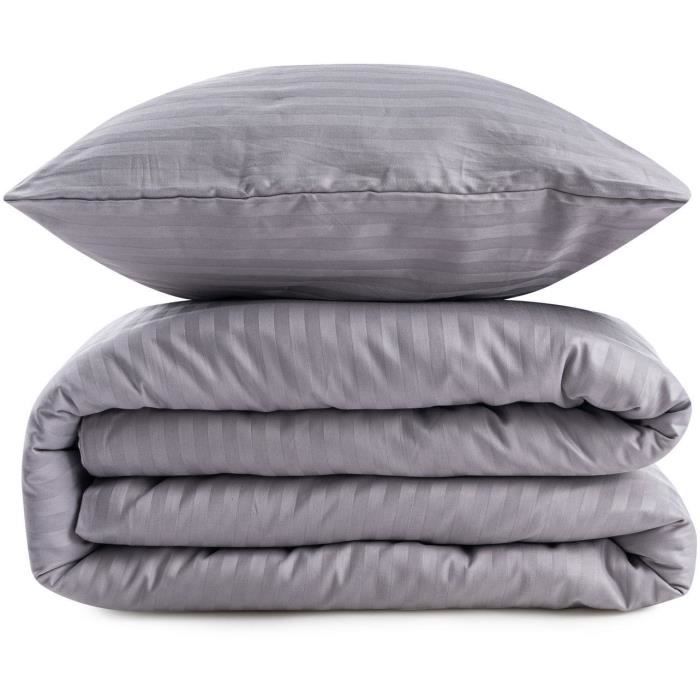 Parure de lit - 1 housse de couette 220 x 240 cm + 2 taies d'oreiller 60 x 60 cm - 70% polyester, 30% coton - Gris