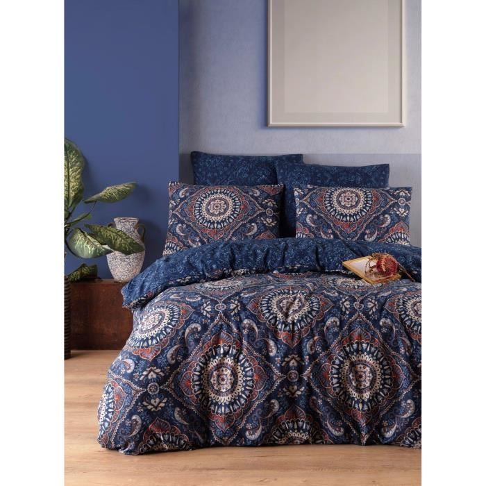 Parure de lit - 1 housse de couette 220 x 240 cm + 2 taies d'oreiller 60 x 60 cm - 65% coton, 35% polyester - Bleu