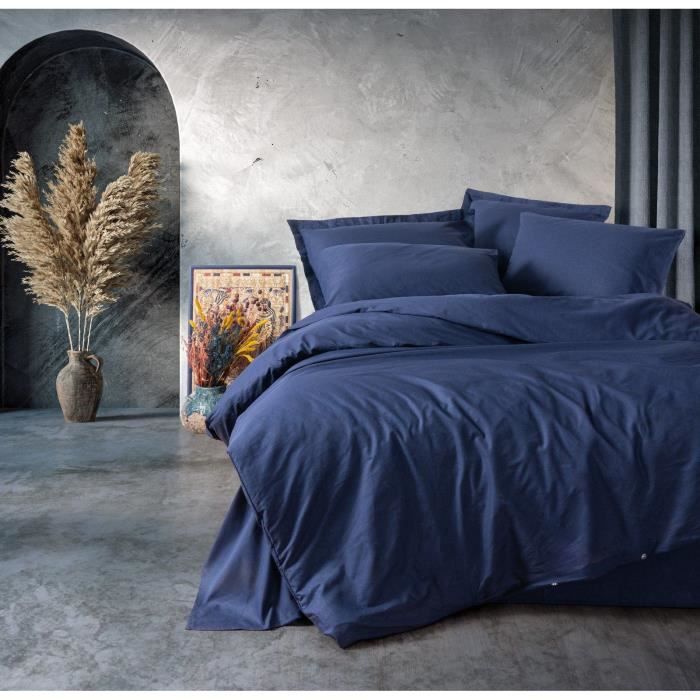 Parure de lit - 1 housse de couette 220 x 240 cm + 2 taies d'oreiller 60 x 60 cm - 100% coton renforcé - Bleu