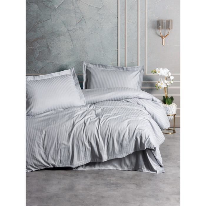 Parure de lit - 1 housse de couette 220 x 240 cm + 2 taies d'oreiller 60 x 60 cm - Satiné 100% coton - Gris