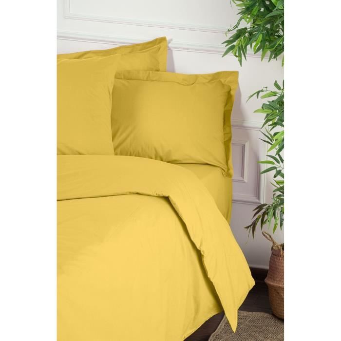Parure de lit - 1 housse de couette 220 x 240 cm + 2 taies d'oreiller 60 x 60 cm - 100% coton renforcé - Jaune