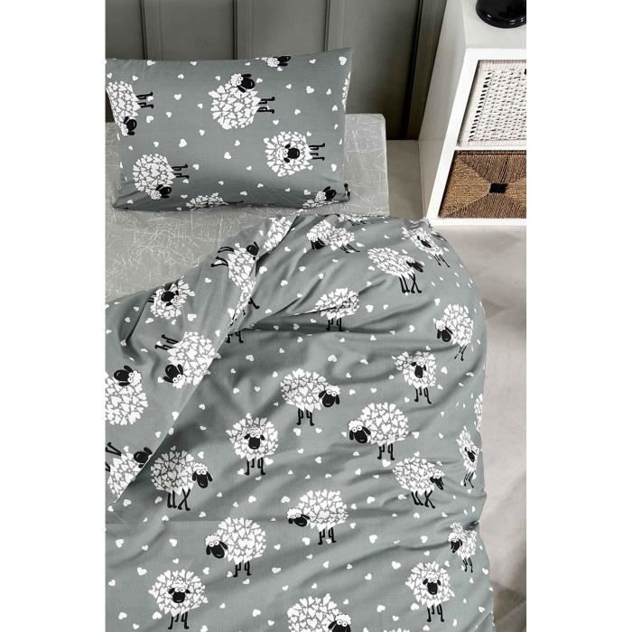 Parure de lit - 1 housse de couette 220 x 240 cm + 2 taies d'oreiller 60 x 60 cm - 65% coton, 35% polyester - Gris