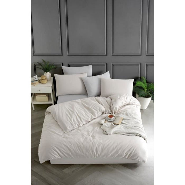 Parure de lit - 1 housse de couette 220 x 240 cm + 2 taies d'oreiller 60 x 60 cm - 70% coton, 30% polyester - Beige