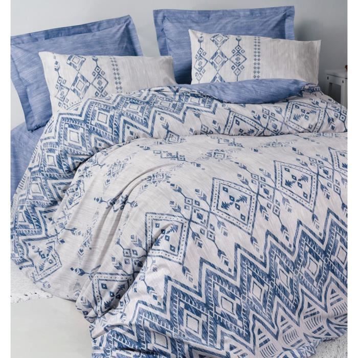 Parure de lit - 1 housse de couette 220 x 240 cm + 2 taies d'oreiller 60 x 60 cm - 100% coton renforcé - Bleu