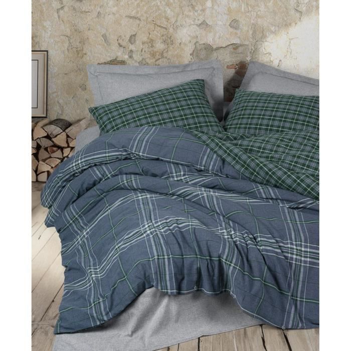 Parure de lit - 1 housse de couette 220 x 240 cm + 2 taies d'oreiller 60 x 60 cm - 50% coton, 50% polyester - Bleu