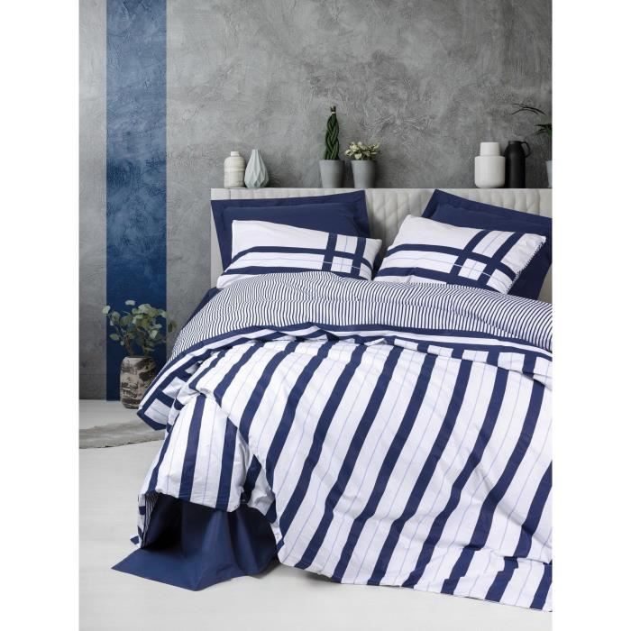 Parure de lit - 1 housse de couette 220 x 240 cm + 2 taies d'oreiller 60 x 60 cm - 100% coton renforcé - Bleu