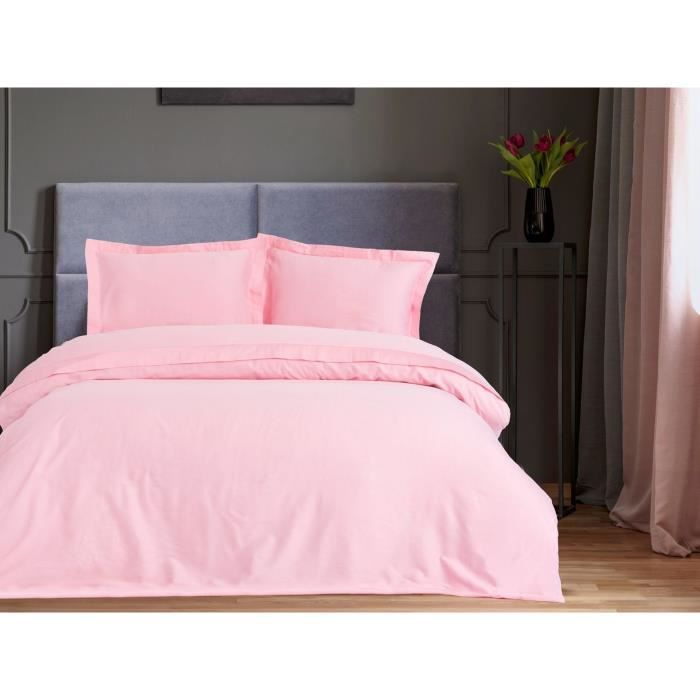 Parure de lit - 1 housse de couette 220 x 240 cm + 2 taies d'oreiller 60 x 60 cm - Satiné 100% coton - Rose