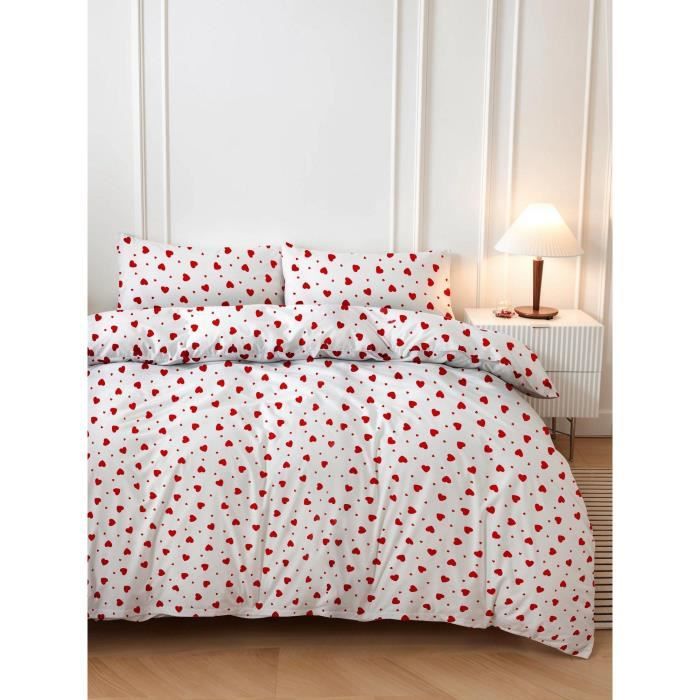 Parure de lit - 1 housse de couette 220 x 240 cm + 2 taies d'oreiller 60 x 60 cm - 50% coton, 50% polyester - Rouge
