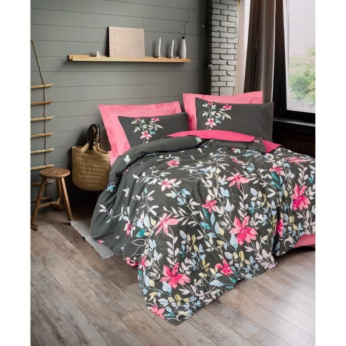 Parure de lit - 1 housse de couette 220 x 240 cm + 2 taies d'oreiller 60 x 60 cm - 100% coton renforcé - Rose