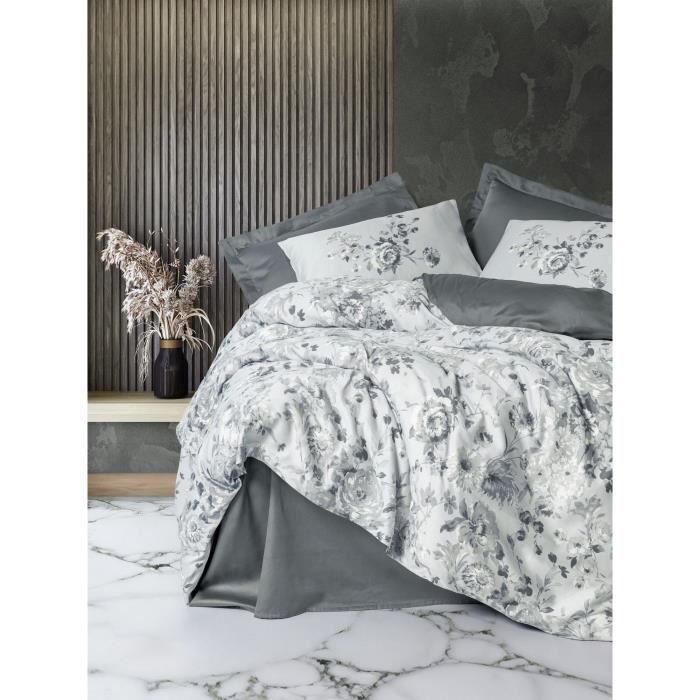 Parure de lit - 1 housse de couette 220 x 240 cm + 2 taies d'oreiller 60 x 60 cm - Satiné 100% coton - Gris