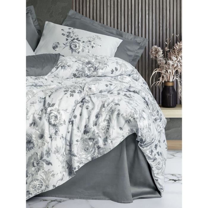 Parure de lit - 1 housse de couette 220 x 240 cm + 2 taies d'oreiller 60 x 60 cm - Satiné 100% coton - Gris