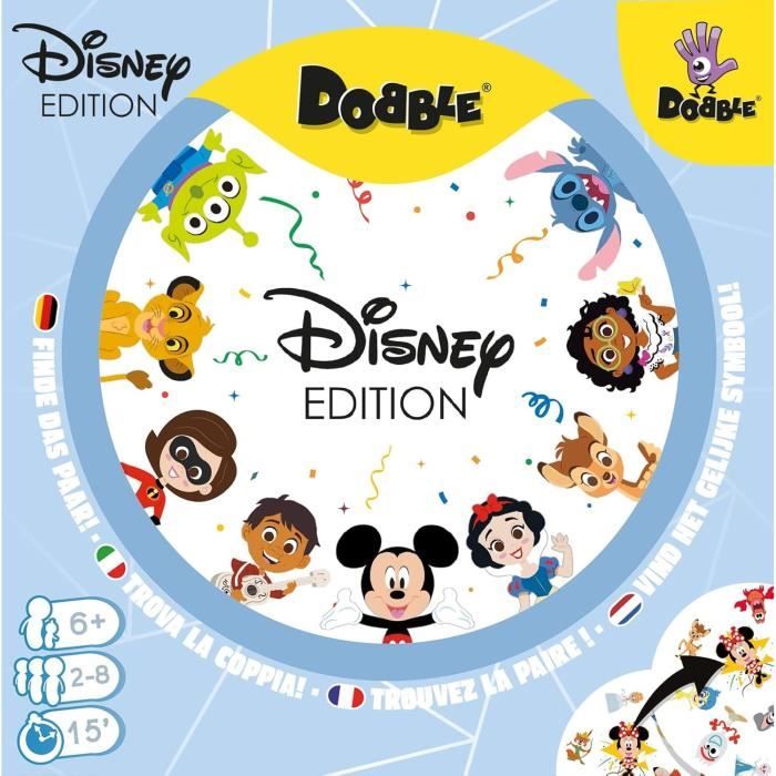 DOBBLE Disney, Jeu de cartes rapide et amusant pour enfants des 6 ans, avec Héros Disney, 5 Mini Jeux, 2 a 8 joueurs, Asmodee