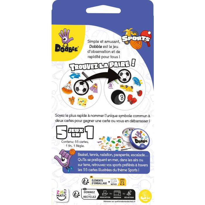 ZYGOMATIC Jeu Dobble Sports - Jeu d'observation et réflexes - En famille - entre amis - Des 6 ans - 2 a 8 joueurs - boîte métal