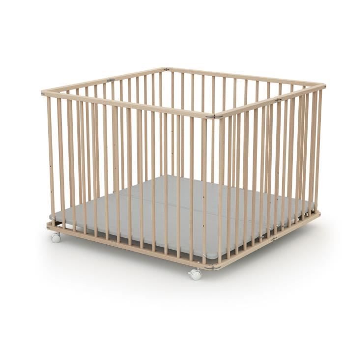 Parc pliant carré - WEBABY - CALI - 100 x 100 cm - 4 roulettes - Jusqu'a 24 mois - Hetre brut
