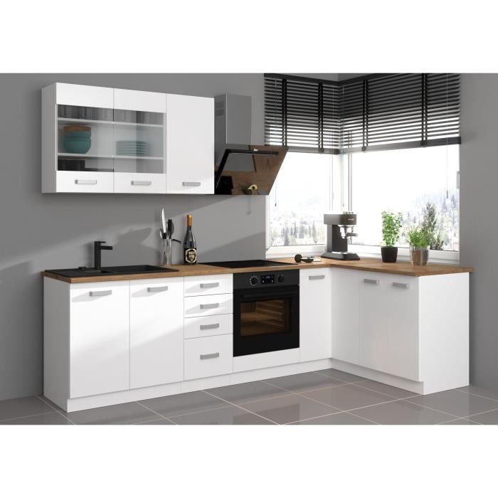 ATLAS Cuisine complete d'angle 8 éléments (reversible droit / gauche) - Décor blanc - L270 cm - Plan de travail non inclus