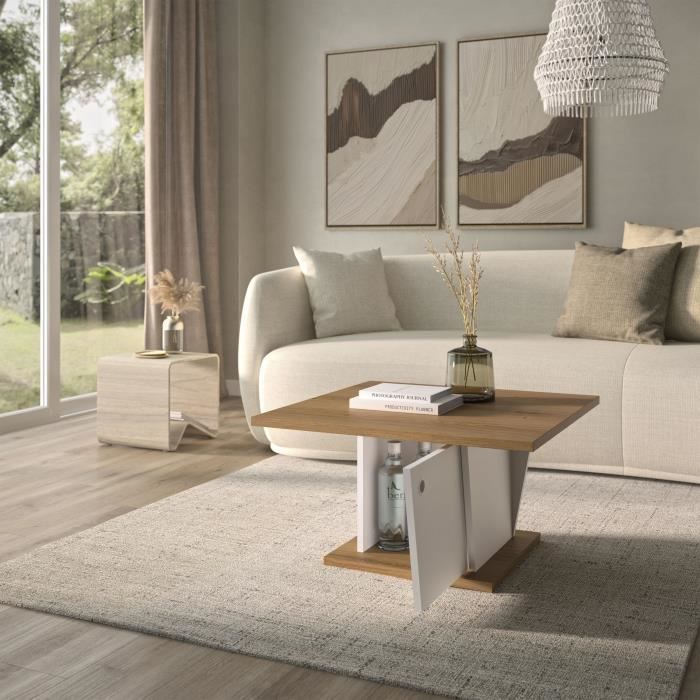 Table basse bar - ATOS - Carré - Chene Helvezia / Blanc - 69 x 69 x 38 cm