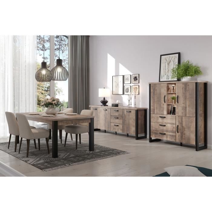 Table a manger fixe EMILE 6 personnes - Mélamine chene brun tabac et noir mat - L160 x P90 x H77 cm - TRENDTEAM