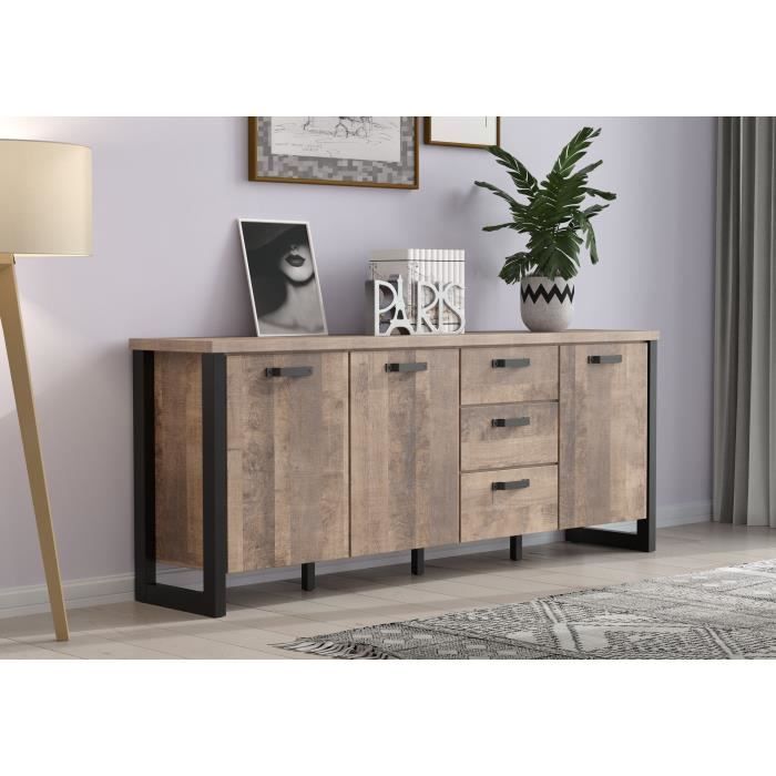 Buffet EMILE - Mélamine chene brun tabac et noir mat - 3 Portes + 3 Tiroirs - L214 x P45 x H86 cm - TRENDTEAM