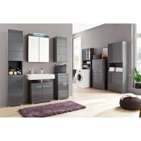 Meuble pour machine a laver - 2 portes - Gris Brillant - L63 x P24 x H187 cm - AMANDA