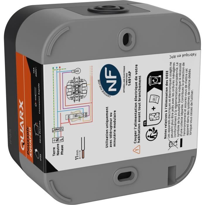 Poussoir - QUARX - Aqua Pro - Extérieur, 250V, 10A, IP55, conforme NF