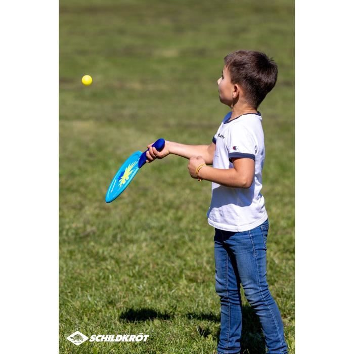 Raquettes de beachball - SCHILDKROT - Néoprene jaune/bleu impression verte - 2 balles Ø40mm - Sac filet refermable