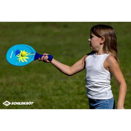 Raquettes de beachball - SCHILDKROT - Néoprene jaune/bleu impression verte - 2 balles Ř40mm - Sac filet refermable