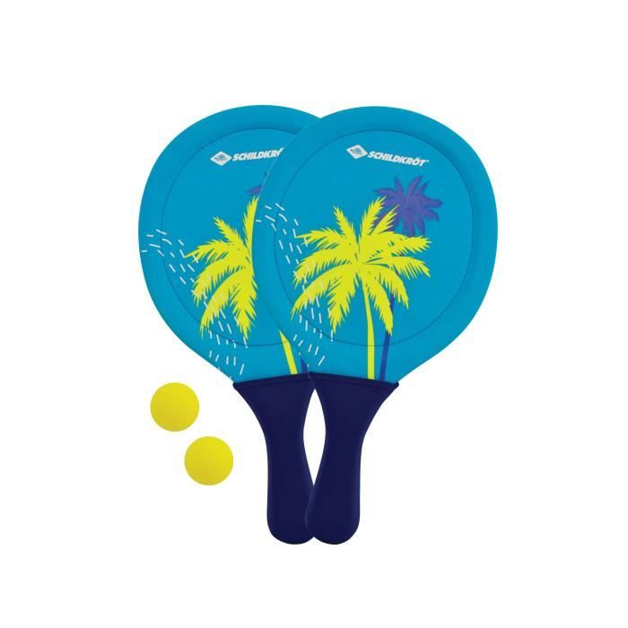 Raquettes de beachball - SCHILDKROT - Néoprene jaune/bleu impression verte - 2 balles Ř40mm - Sac filet refermable
