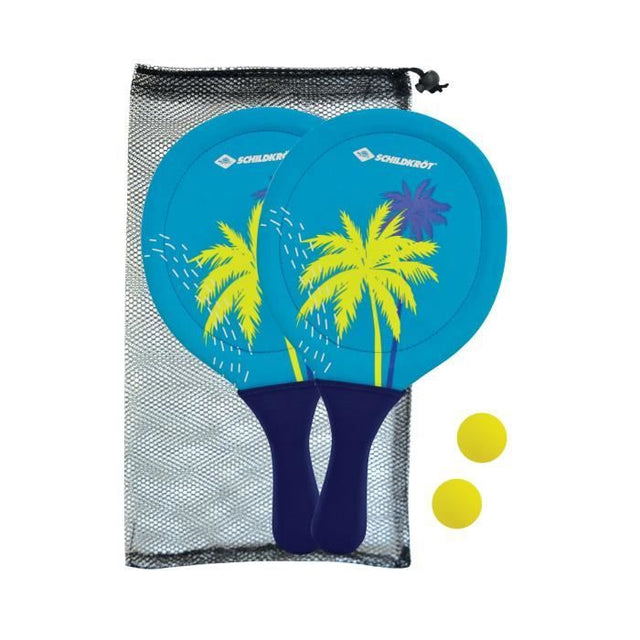 Raquettes de beachball - SCHILDKROT - Néoprene jaune/bleu impression verte - 2 balles Ř40mm - Sac filet refermable
