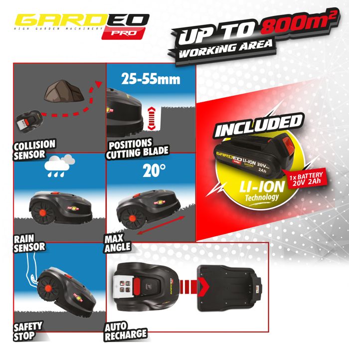Tondeuse Robot - GARDEO - GRO20V20WIFI-2A - 20V - 800m² - Programmable Wifi