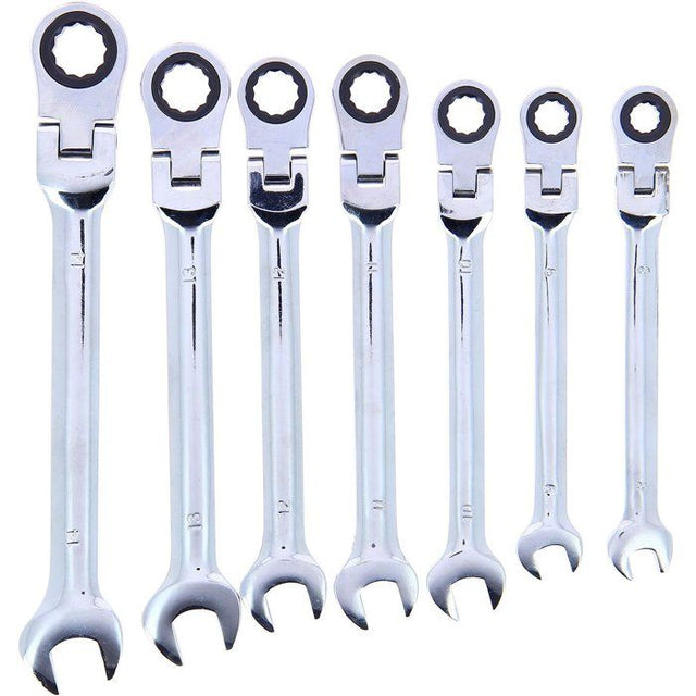 Jeu de 7 Clés mixtes a cliquet - PRECISION STEEL -  8 / 9 / 10 / 11 / 12 / 13 / 14 - Clé a fourche, avec oeil inclinable a 180°