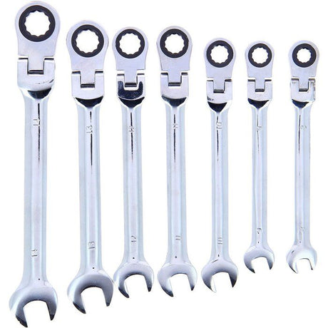 Jeu de 7 Clés mixtes a cliquet - PRECISION STEEL -  8 / 9 / 10 / 11 / 12 / 13 / 14 - Clé a fourche, avec oeil inclinable a 180°