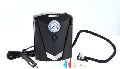 Mini compresseur 12V - PRECISION STEEL - 8 Bars - Embouts Presta - Schrader - Aiguille - Longueur 3m - 100 W - Torche LED