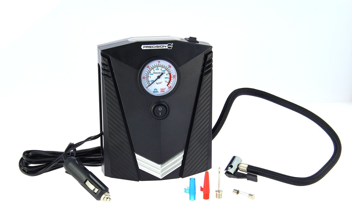 Mini compresseur 12V - PRECISION STEEL - 8 Bars - Embouts Presta - Schrader - Aiguille - Longueur 3m - 100 W - Torche LED
