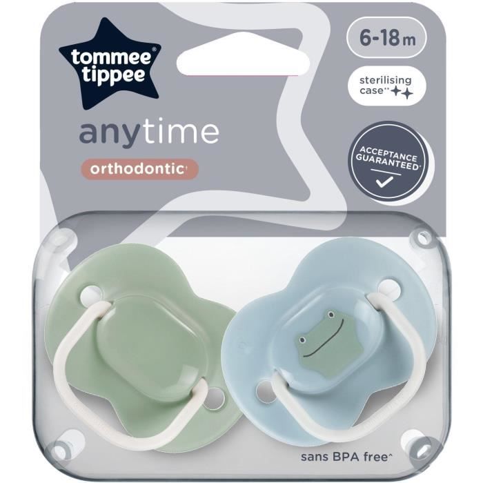 Sucettes - TOMMEE TIPPEE - ANYTIME - 6-18 mois - Lot de 2 sucettes symÈtriques sans BPA - Capsule de stÈrilisation rÈutilisable